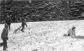 Sledding in Riverside Park is a favorite winter activity. Here, the Lian girls at play in 1972.