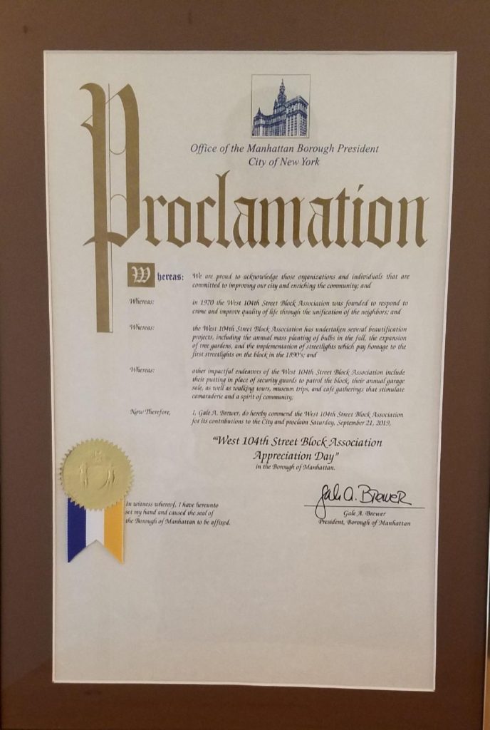 Proclamation from the Manhattan Borough President’s Office honoring the West 104th Street Block Association