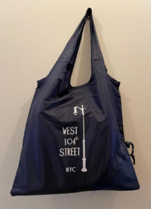 Navy Blue collapsible shopping bag with white West 104th Street lamppost logo