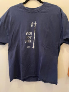 Navy blue cotton T-shirt with white West 104th Street lamp post logo, adult and child sizes