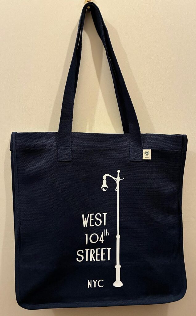 Large Navy blue hemp tote with white West 104th Street lamp post logo and navy blue handles