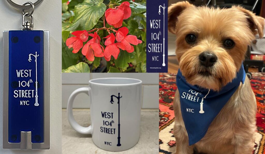 Block merchandise collage featuring a flashlight/keychain, coffee mug, floral postcard and a gold terrier wearing a navy bandana.