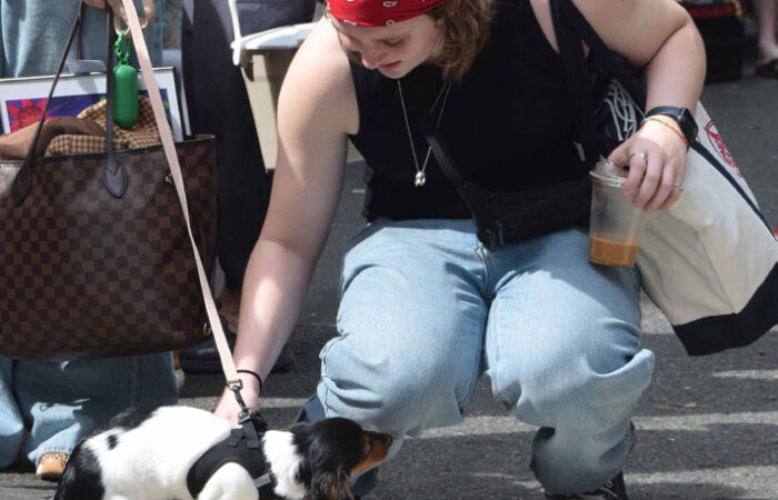 A woman in a red bandana head scarf, black tank top and jeans crouches to pet a black and white dog